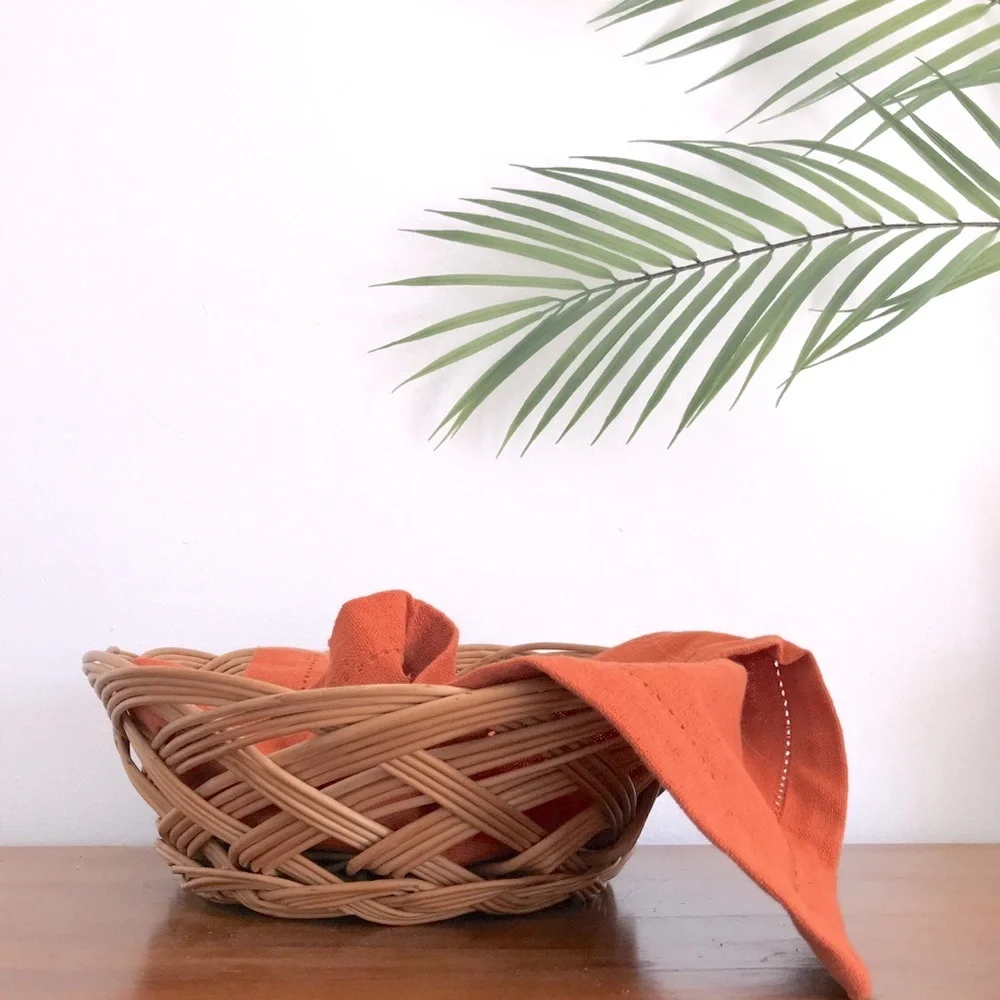 10” Vintage Wooden Tan Woven Basket Rustic Bohemian Bread & Fruit Bowl Basket